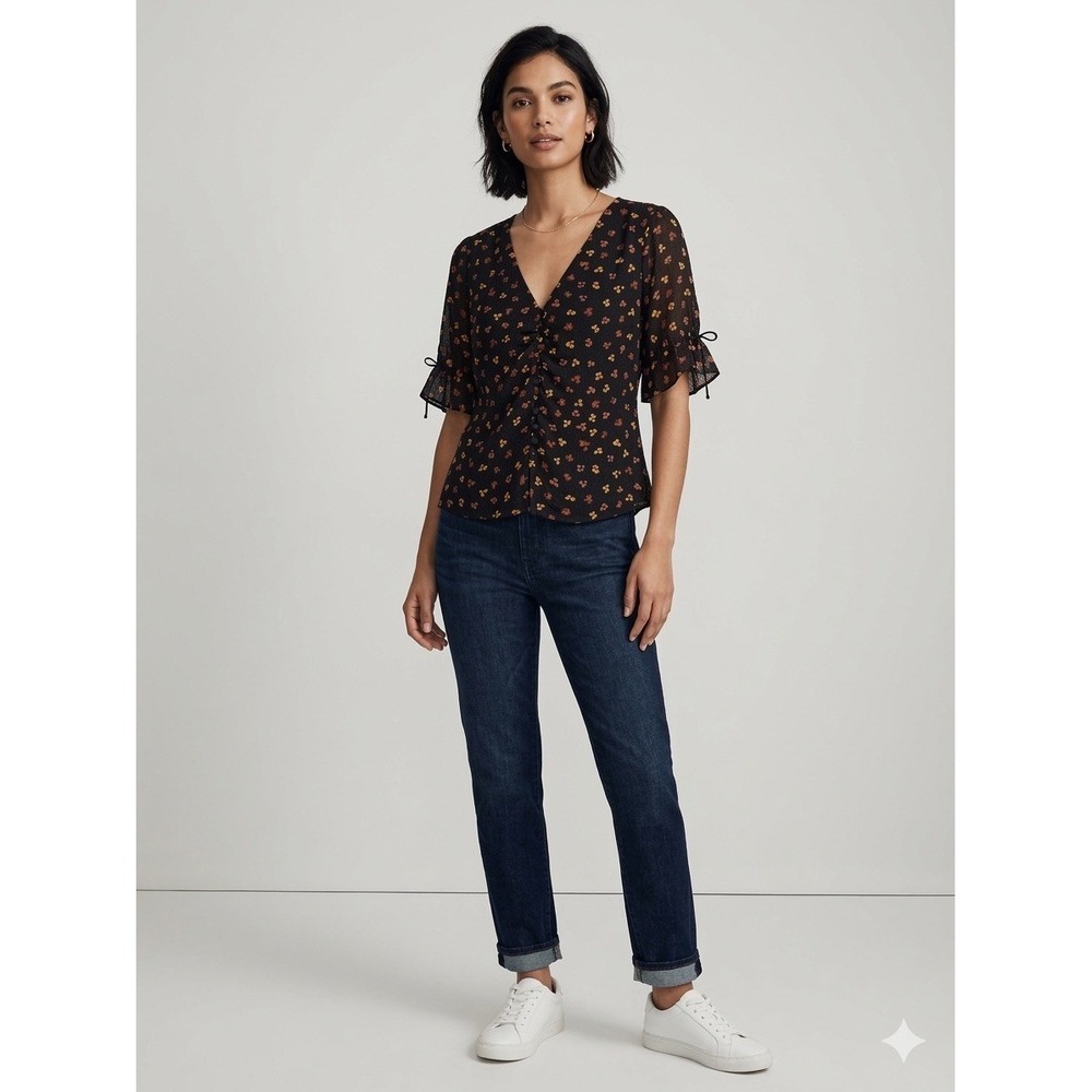 Madewell Silk Button Front Floral V-Neck Flutter Sleeve Tie Blouse Black Size 10